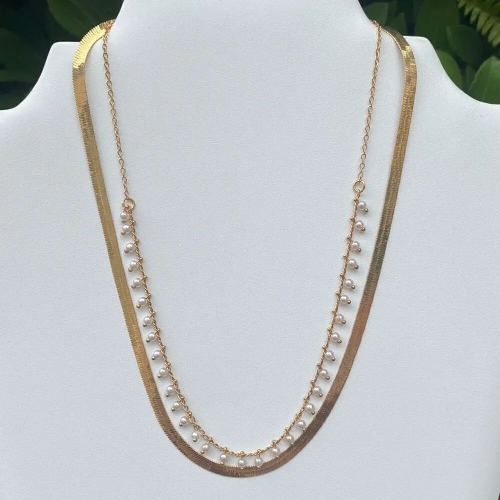 NWOT New Amber Sceats Gold & Pearlโ2 Layered Necklace Snake Chain Dainty Bridal